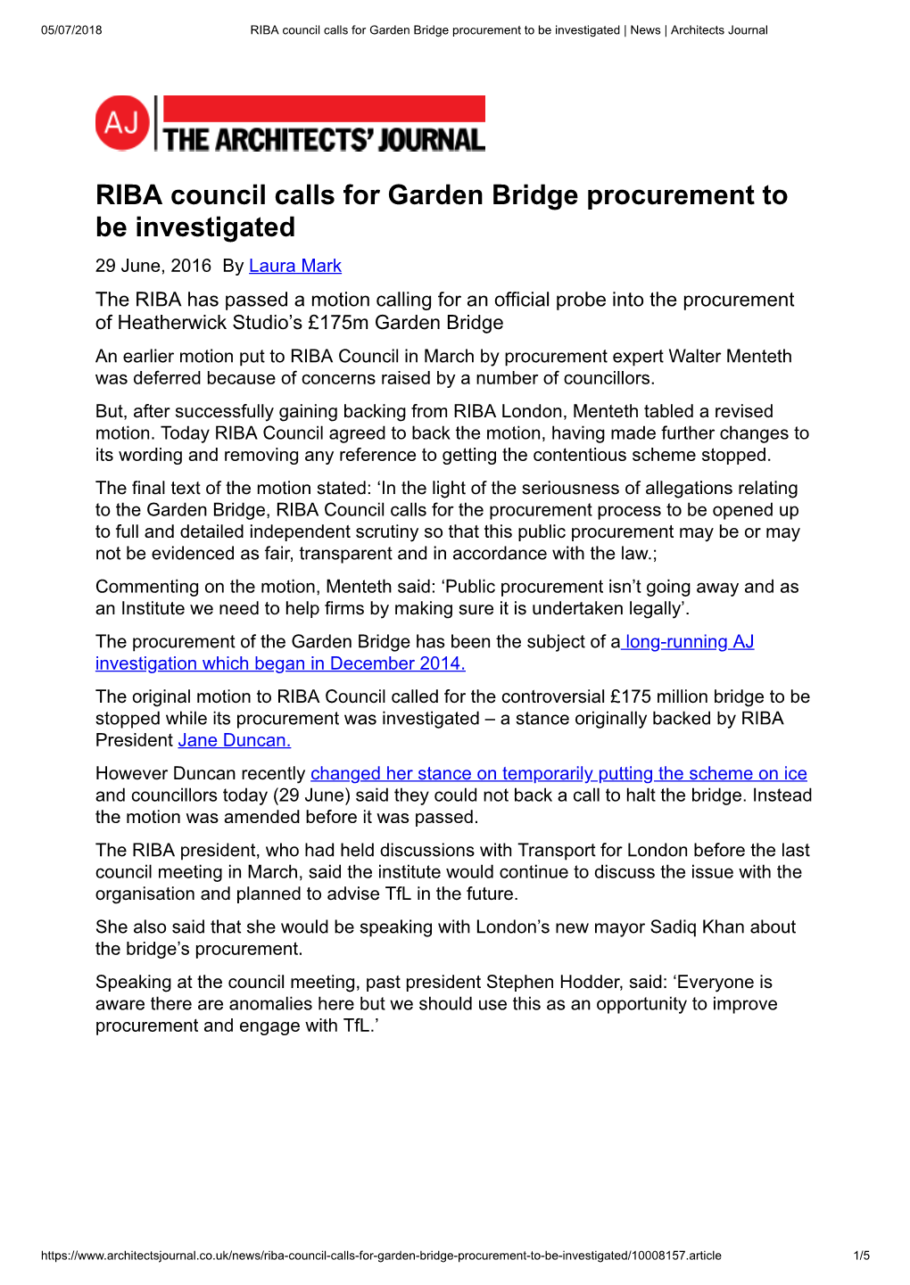 16-06-29 AJ RIBA Council Calls for Garden Bridge Procurement to Be