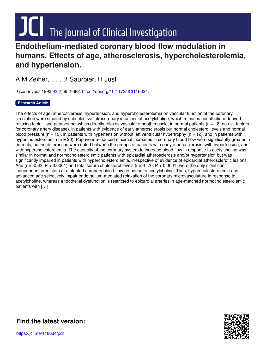 Endothelium-Mediated Coronary Blood Flow Modulation in Humans. Effects of Age, Atherosclerosis, Hypercholesterolemia, and Hypertension