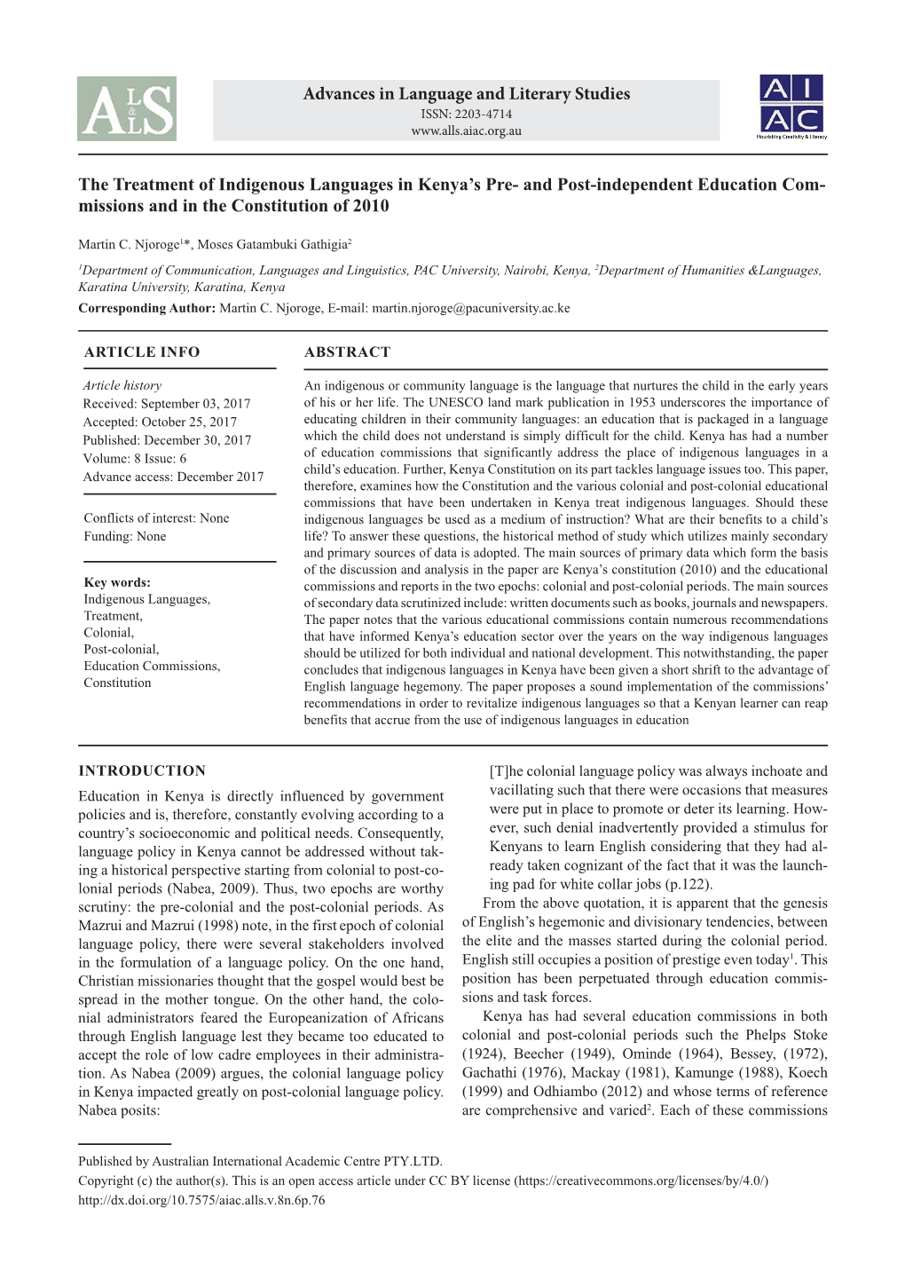 The Treatment of Indigenous Languages in Kenya's Pre- and Post-Independent Education Com- Missions and in the Constitution Of