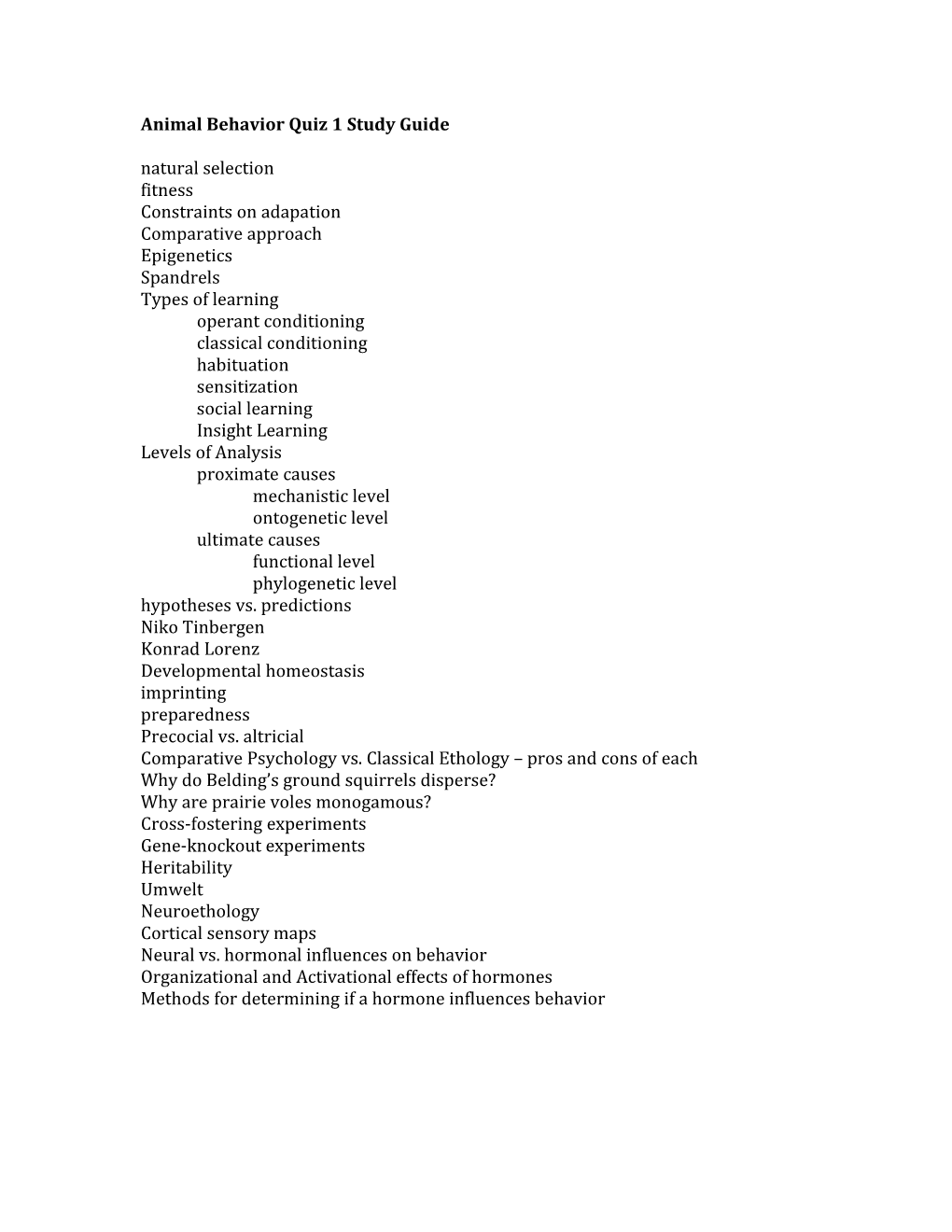 Animal Behavior Quiz 1 Study Guide