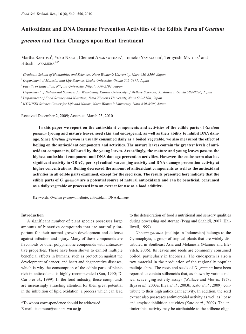 Antioxidant and DNA Damage Prevention Activities of the Edible Parts of Gnetum Gnemon and Their Changes Upon Heat Treatment