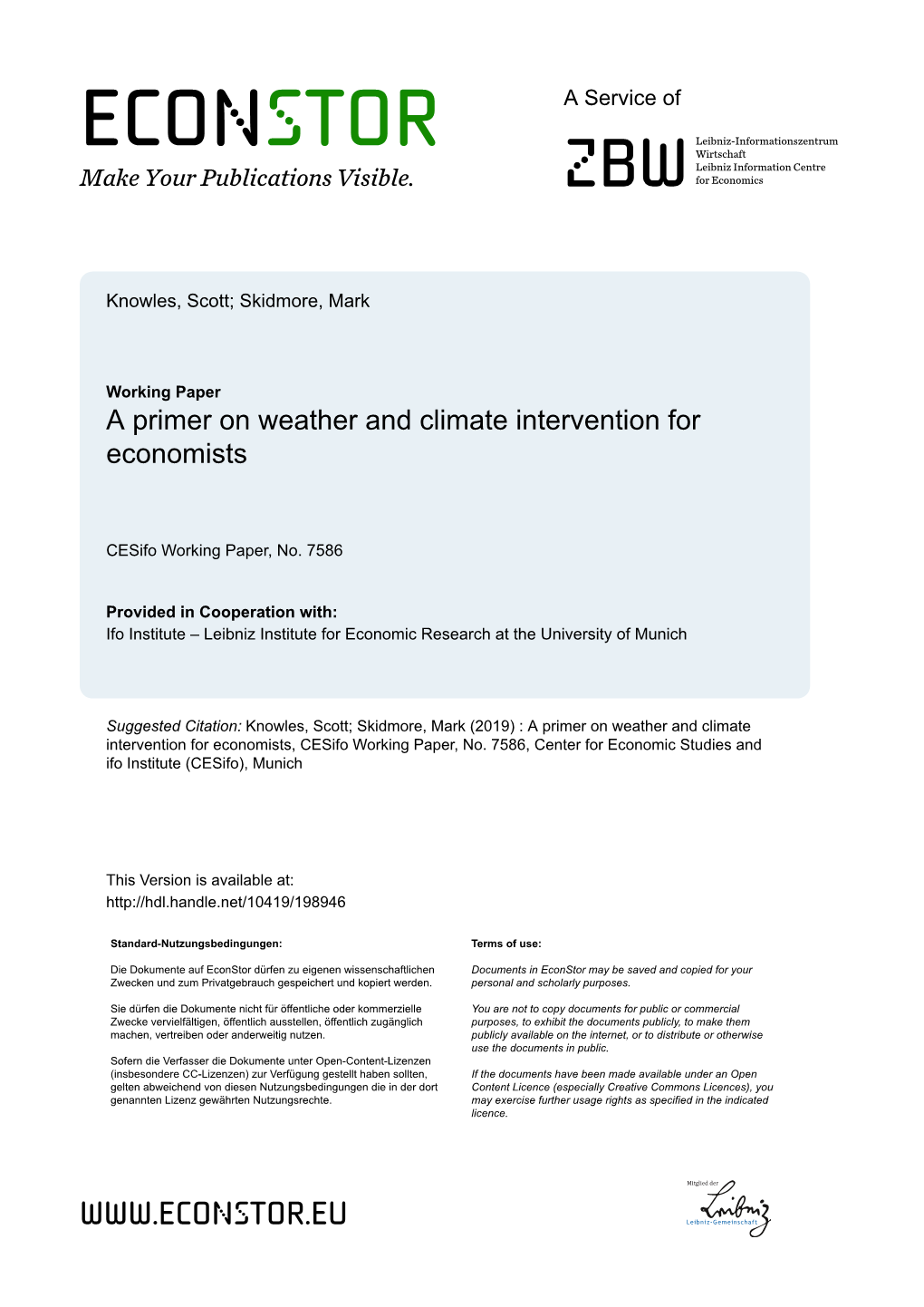 A Primer on Weather and Climate Intervention for Economists