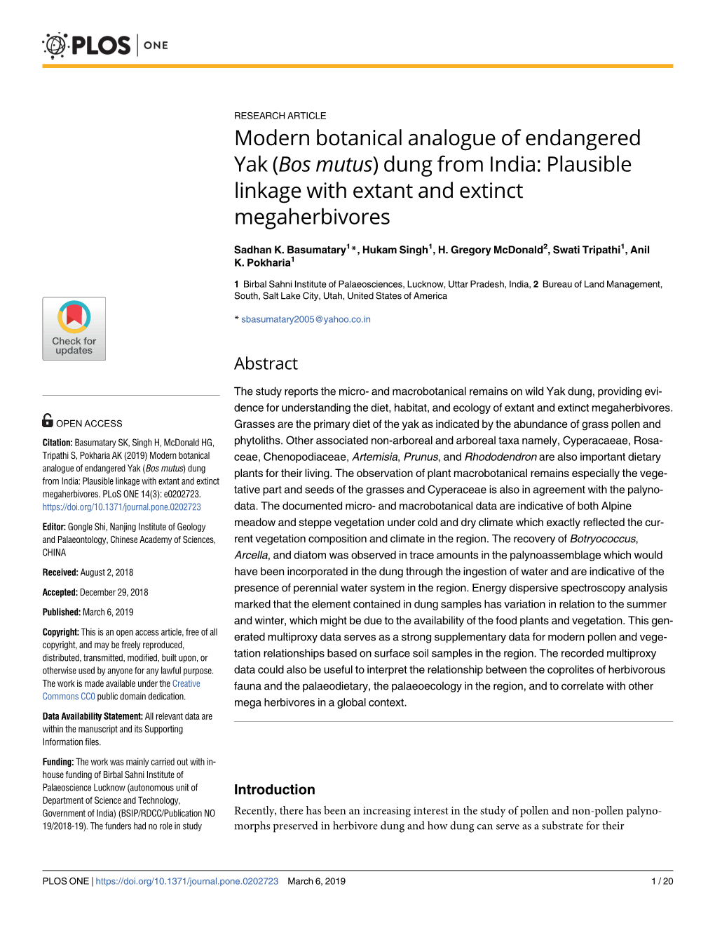 Modern Botanical Analogue of Endangered Yak (Bos Mutus) Dung from India: Plausible Linkage with Extant and Extinct Megaherbivores