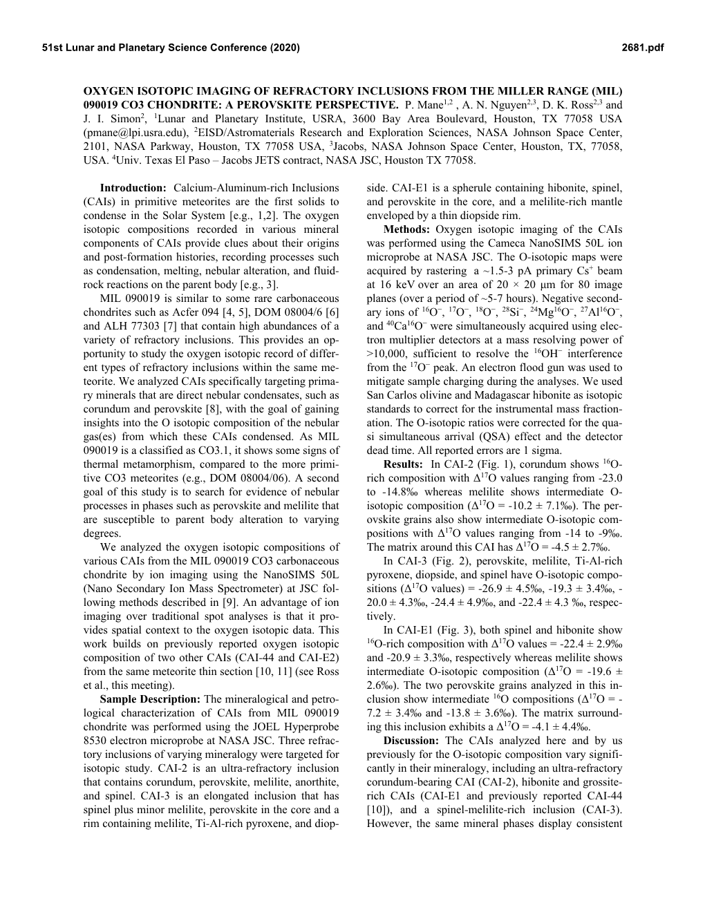 OXYGEN ISOTOPIC IMAGING of REFRACTORY INCLUSIONS from the MILLER RANGE (MIL) 090019 CO3 CHONDRITE: a PEROVSKITE PERSPECTIVE. P. Mane1,2 , A