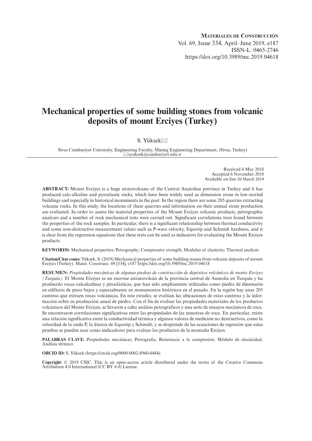 Mechanical Properties of Some Building Stones from Volcanic Deposits of Mount Erciyes (Turkey)