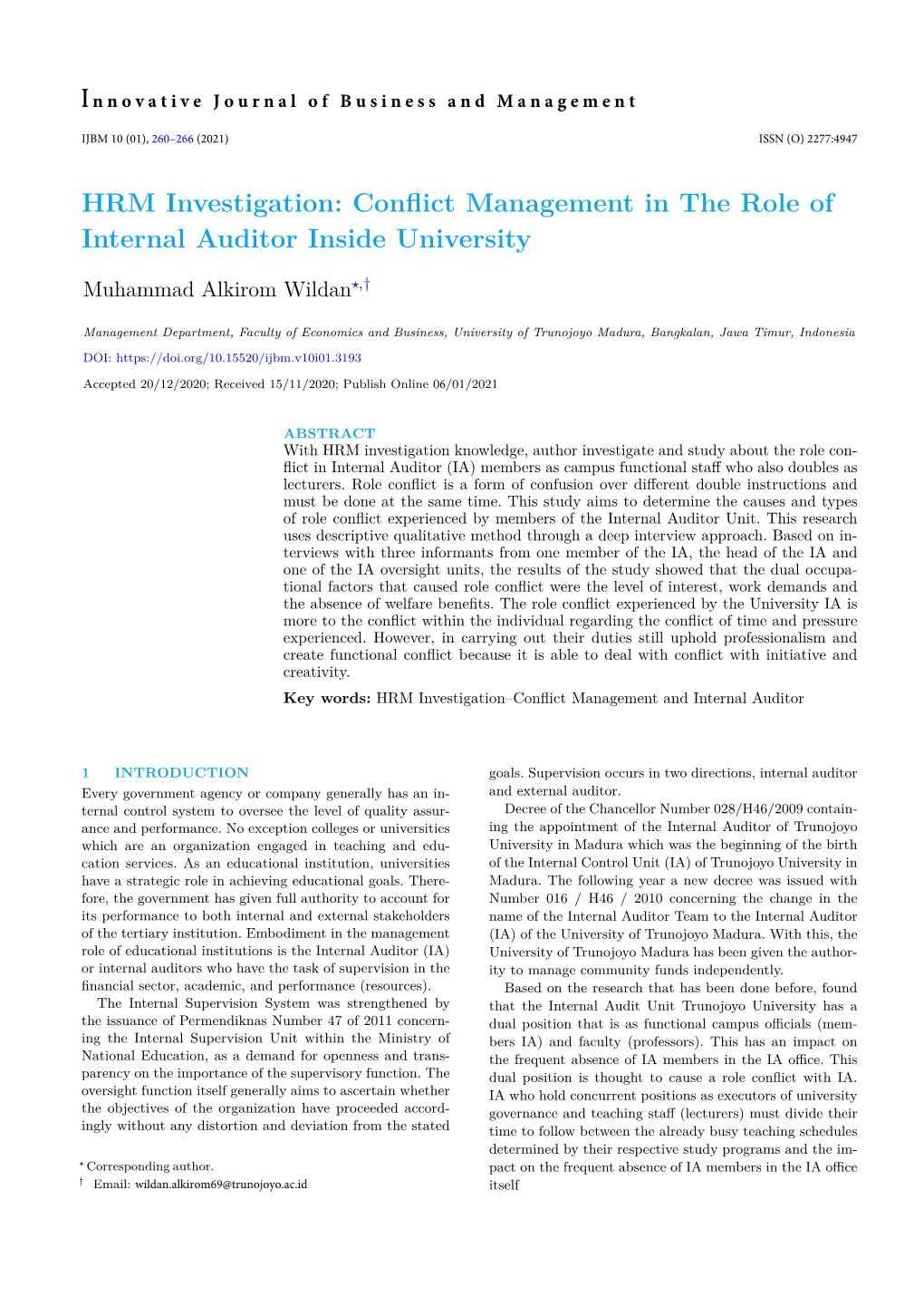 Conflict Management in the Role of Internal Auditor Inside University