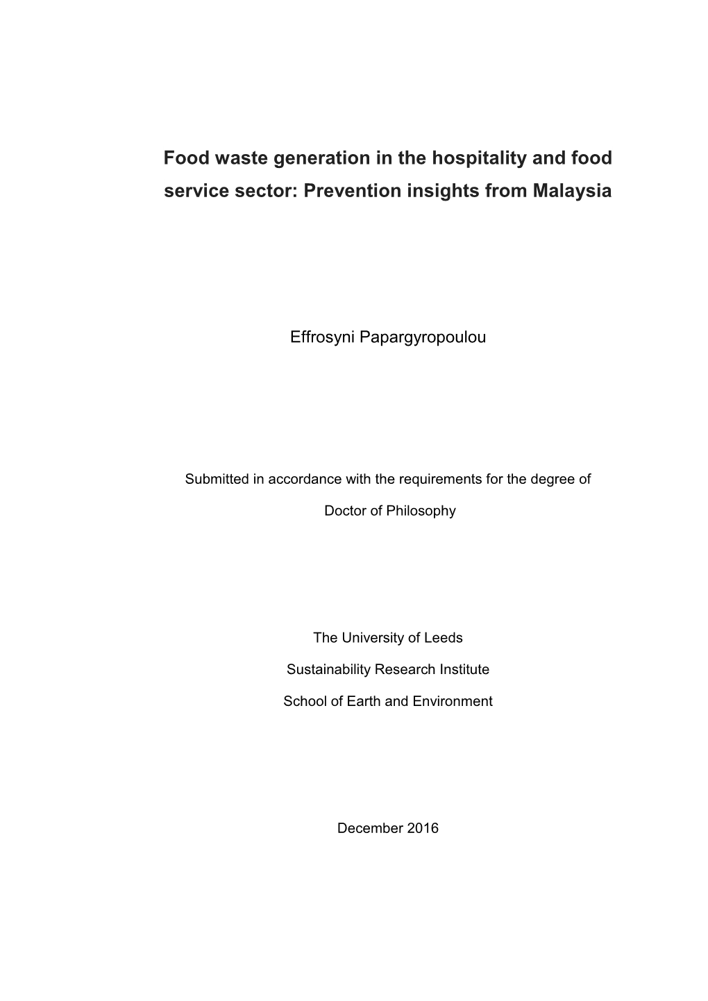 Food Waste Minimisation Policy Options for Malaysia