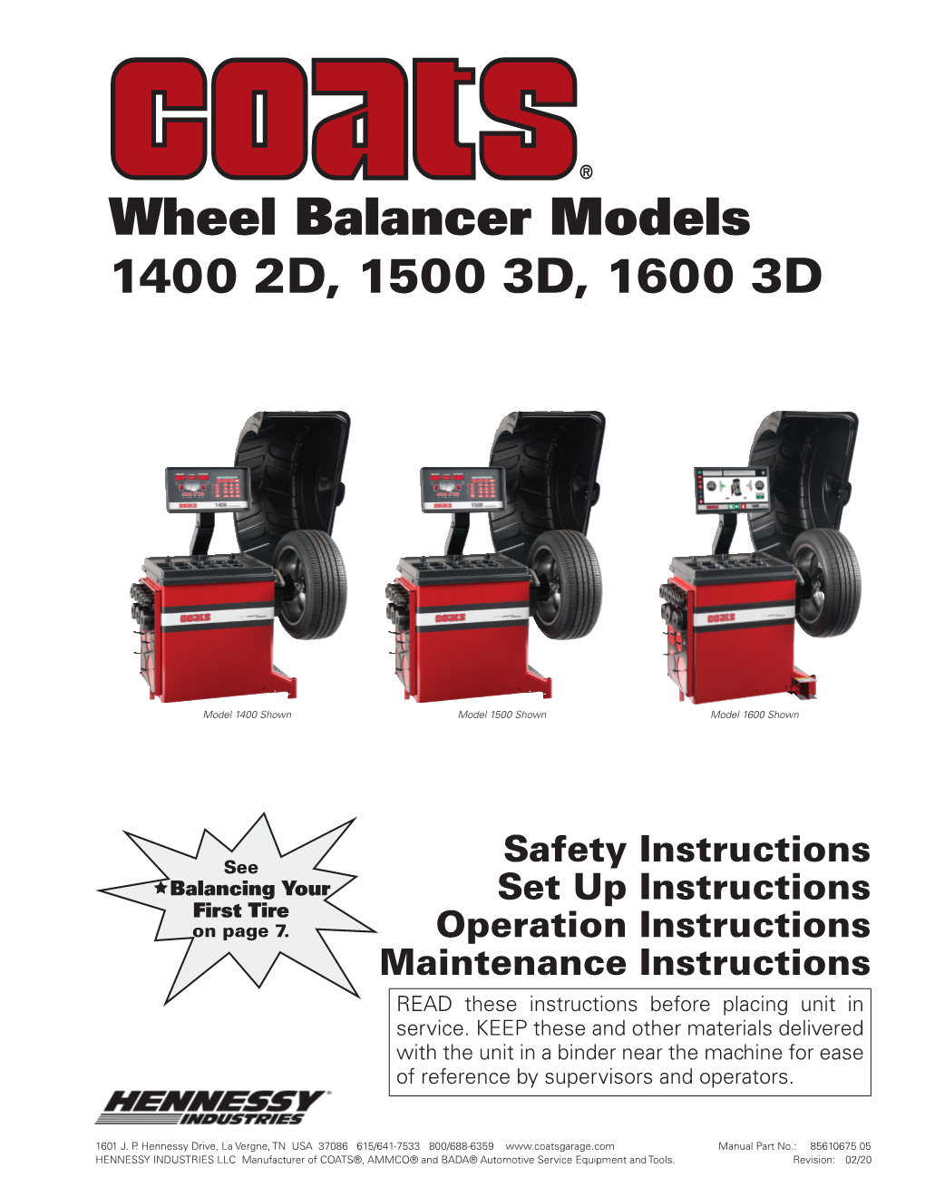 Wheel Balancer Models 1400 2D, 1500 3D, 1600 3D