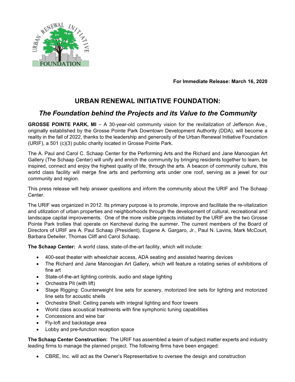 URBAN RENEWAL INITIATIVE FOUNDATION: the Foundation Behind the Projects and Its Value to the Community