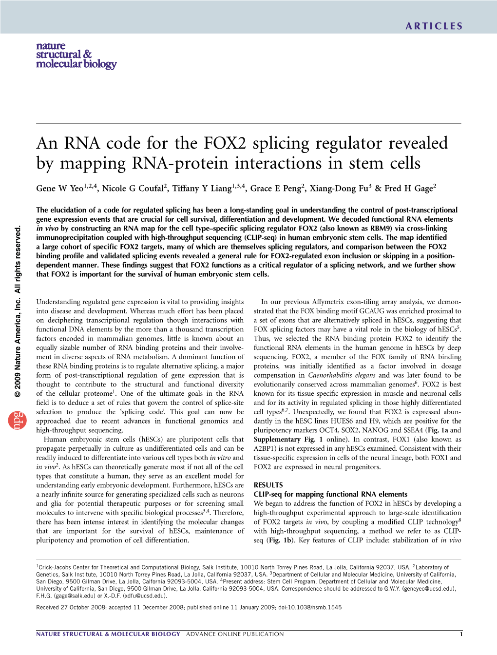 An RNA Code for the FOX2 Splicing Regulator Revealed by Mapping RNA-Protein Interactions in Stem Cells