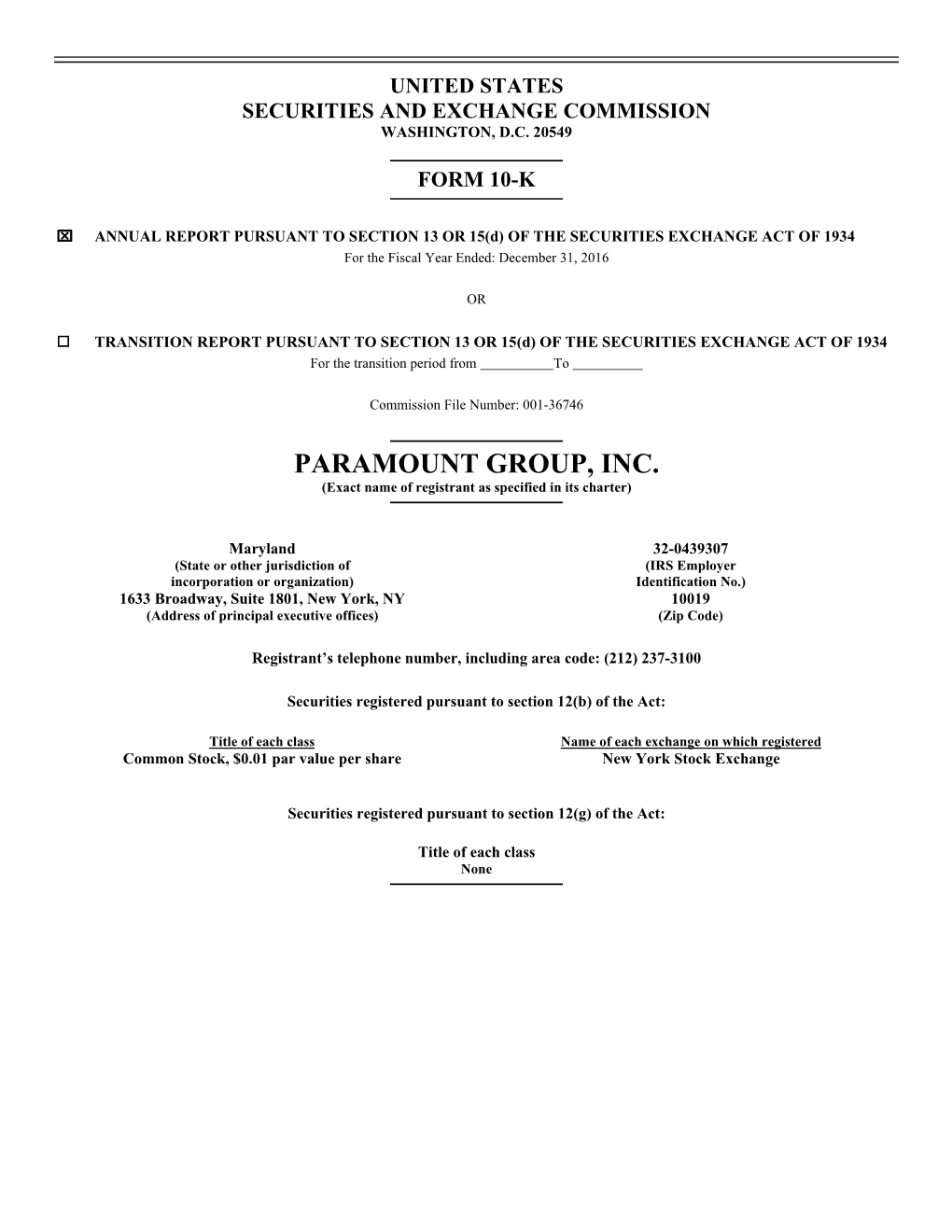 PARAMOUNT GROUP, INC. (Exact Name of Registrant As Specified in Its Charter)