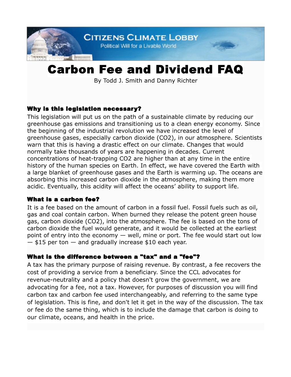 Carbon Fee and Dividend FAQ by Todd J