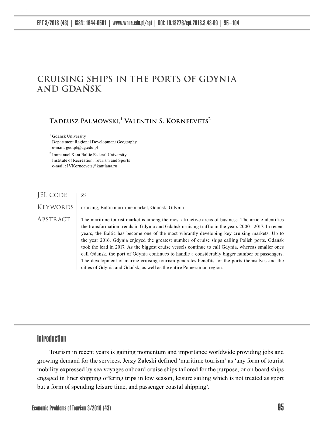 CRUISING SHIPS in the PORTS of GDYNIA and GDAŃSK Introduction