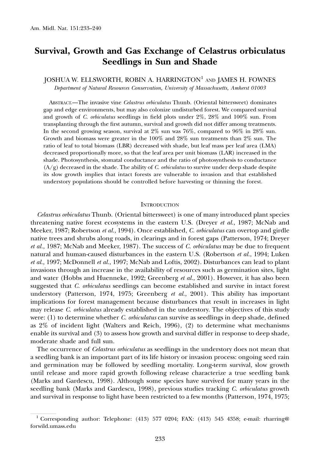 Survival, Growth and Gas Exchange of Celastrus Orbiculatus Seedlings in Sun and Shade