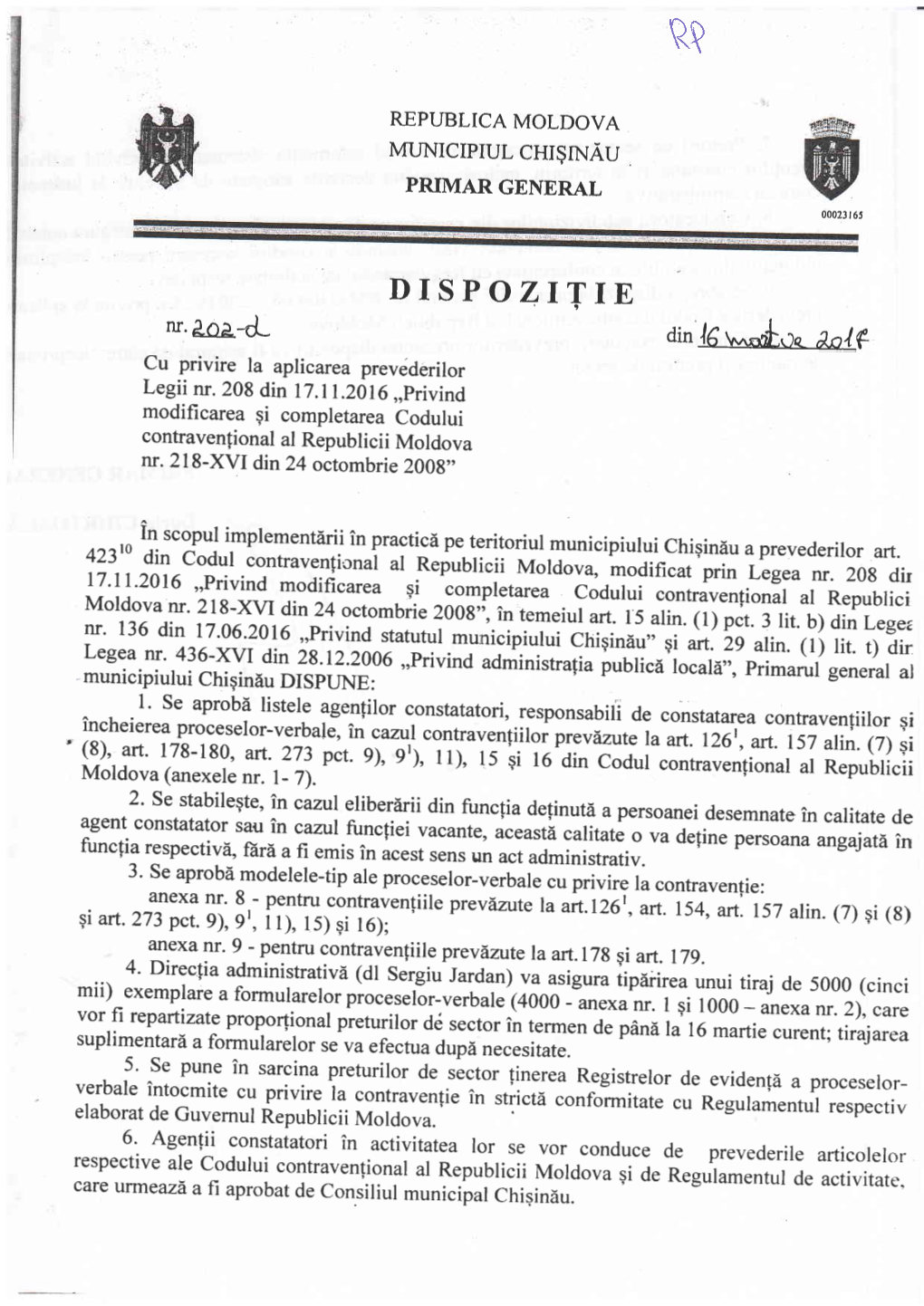 DISPOZITIE Nr.Aoad* Ain {6 R^^.*.'Ro A,O/€ Cu Privire La Aplicarea Prevederilor Legii Nr