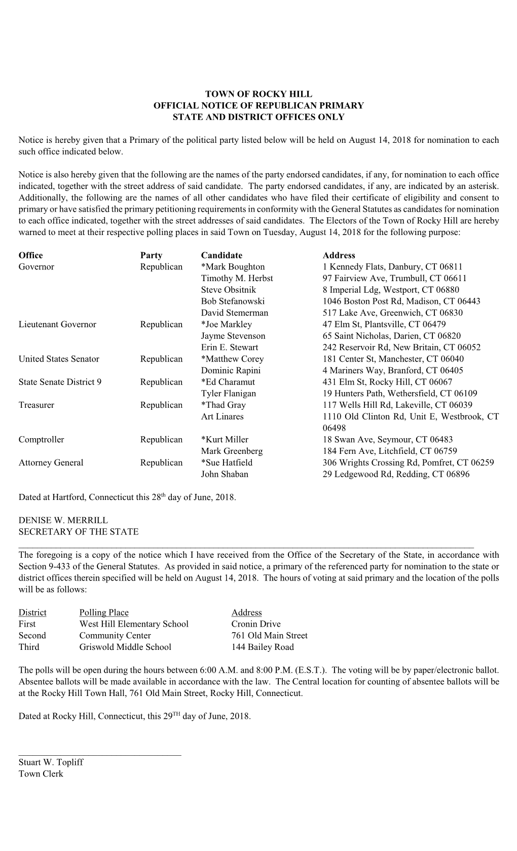 Town of Rocky Hill Official Notice of Republican Primary State and District Offices Only