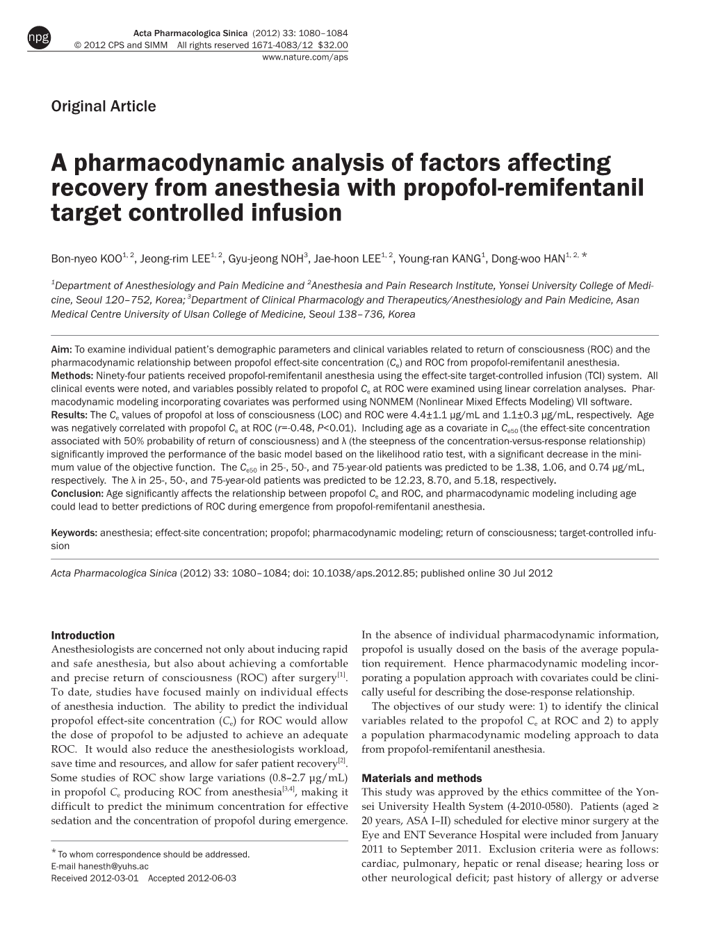 A Pharmacodynamic Analysis of Factors Affecting Recovery from Anesthesia with Propofol-Remifentanil Target Controlled Infusion