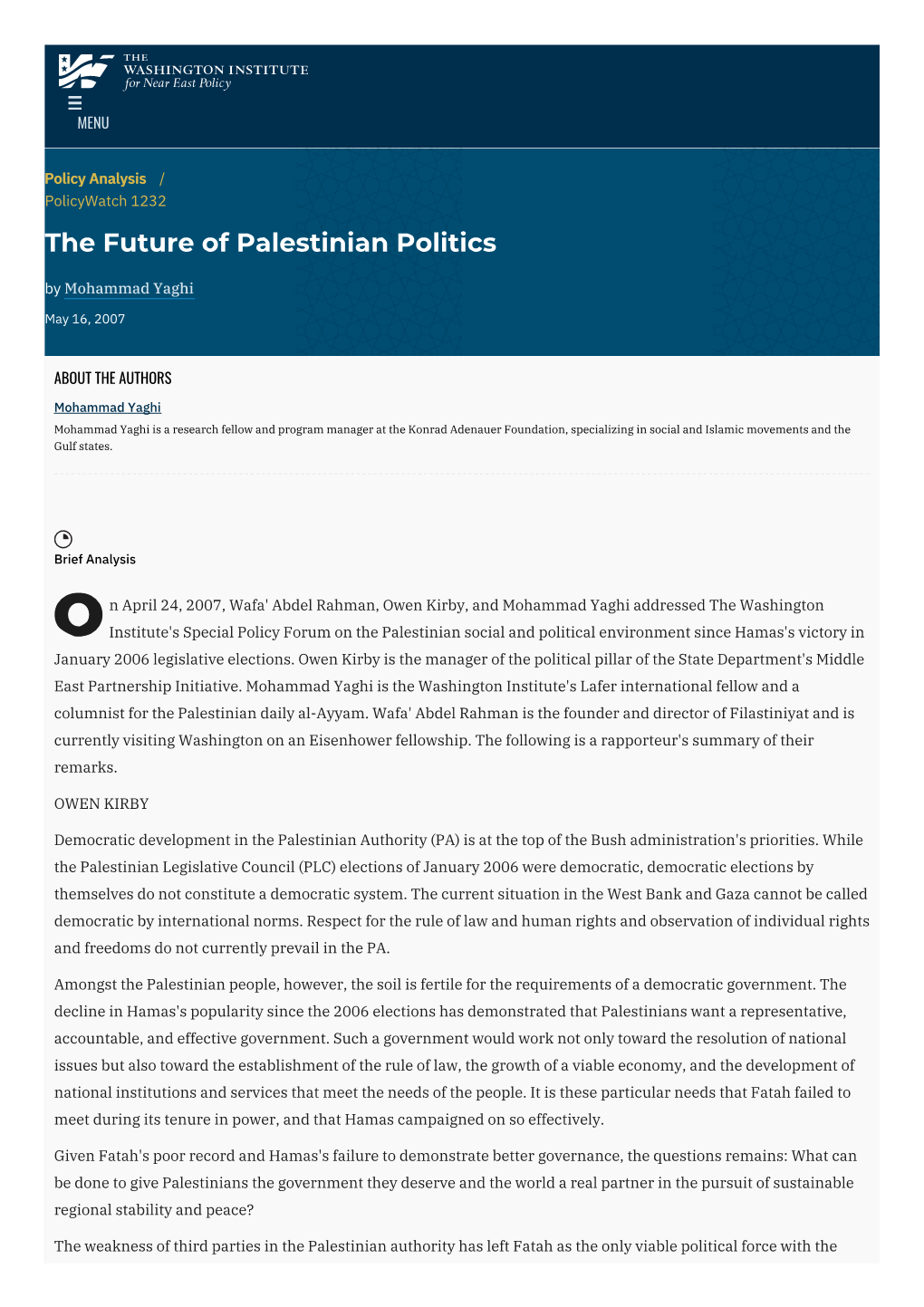 The Future of Palestinian Politics | the Washington Institute