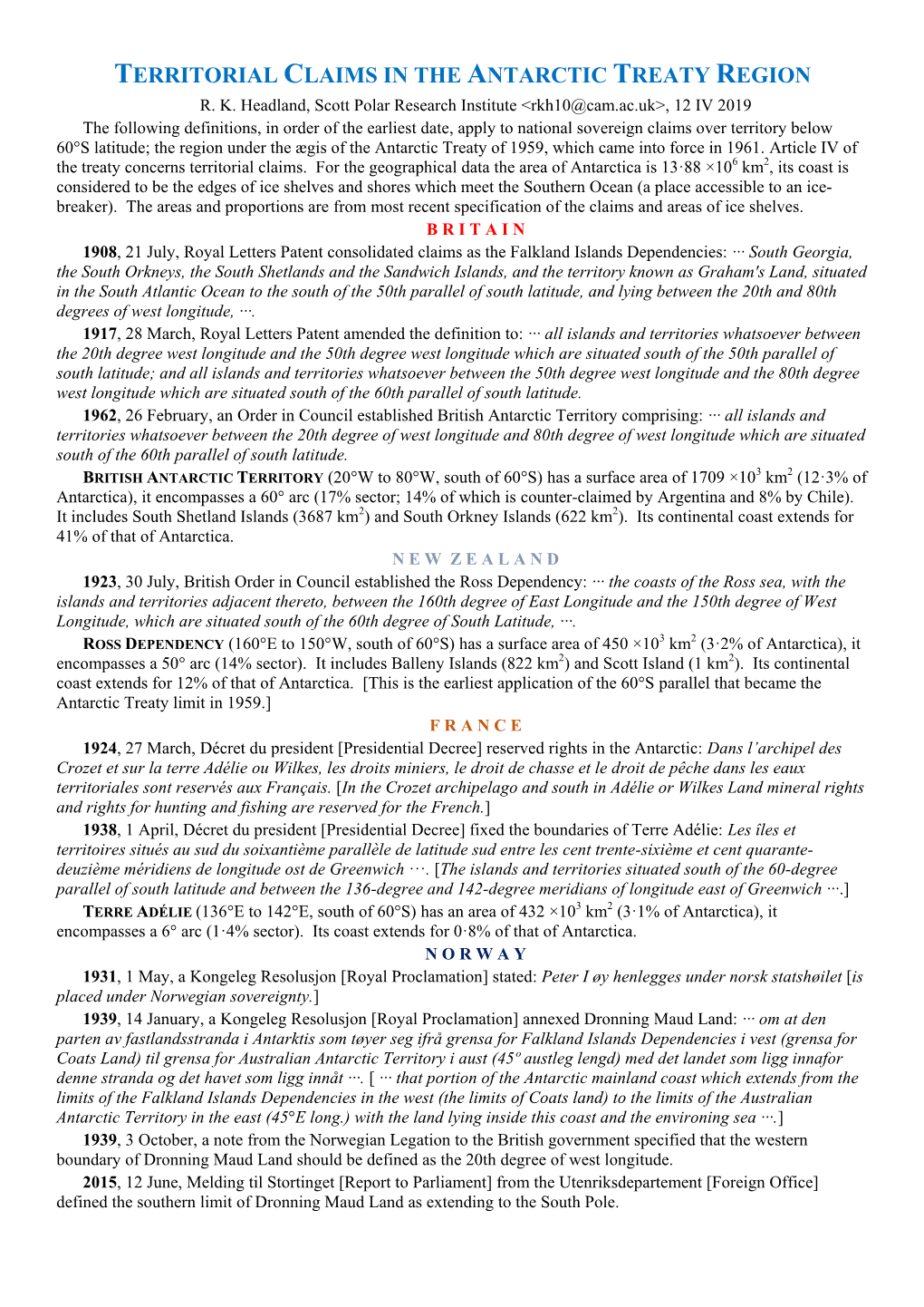 Territorial Claims in the Antarctic Treaty Region R