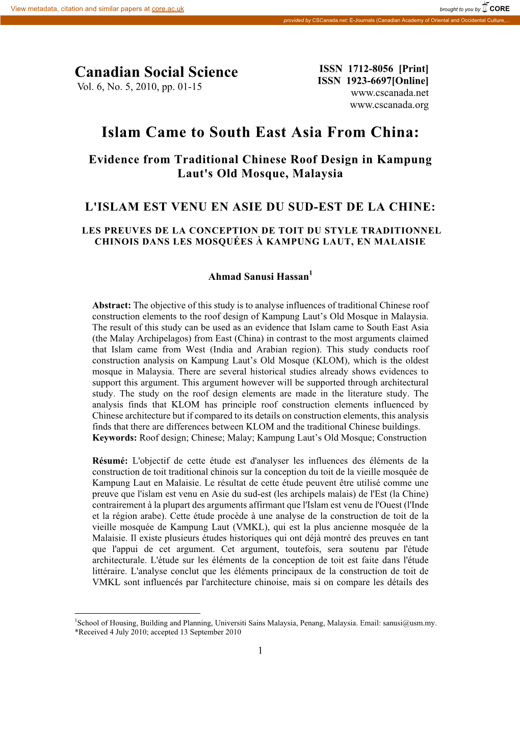 Canadian Social Science Islam Came to South East Asia from China
