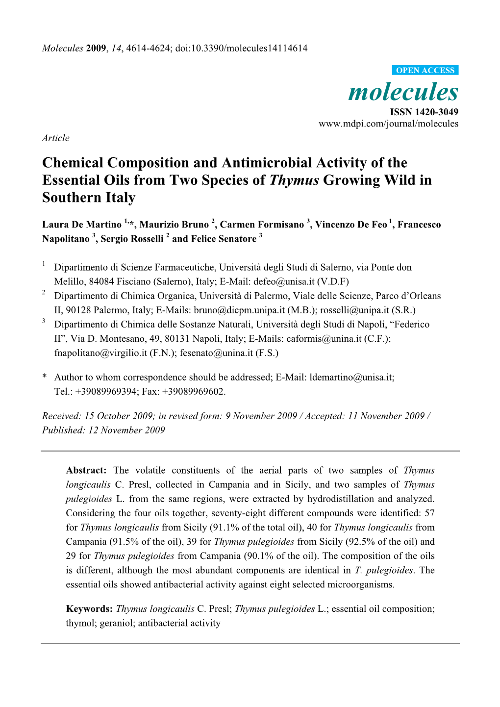 Chemical Composition and Antimicrobial Activity of the Essential Oils from Two Species of Thymus Growing Wild in Southern Italy