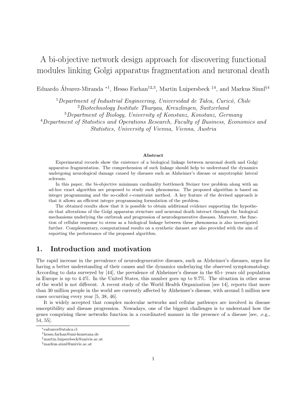 A Bi-Objective Network Design Approach for Discovering Functional Modules Linking Golgi Apparatus Fragmentation and Neuronal Death