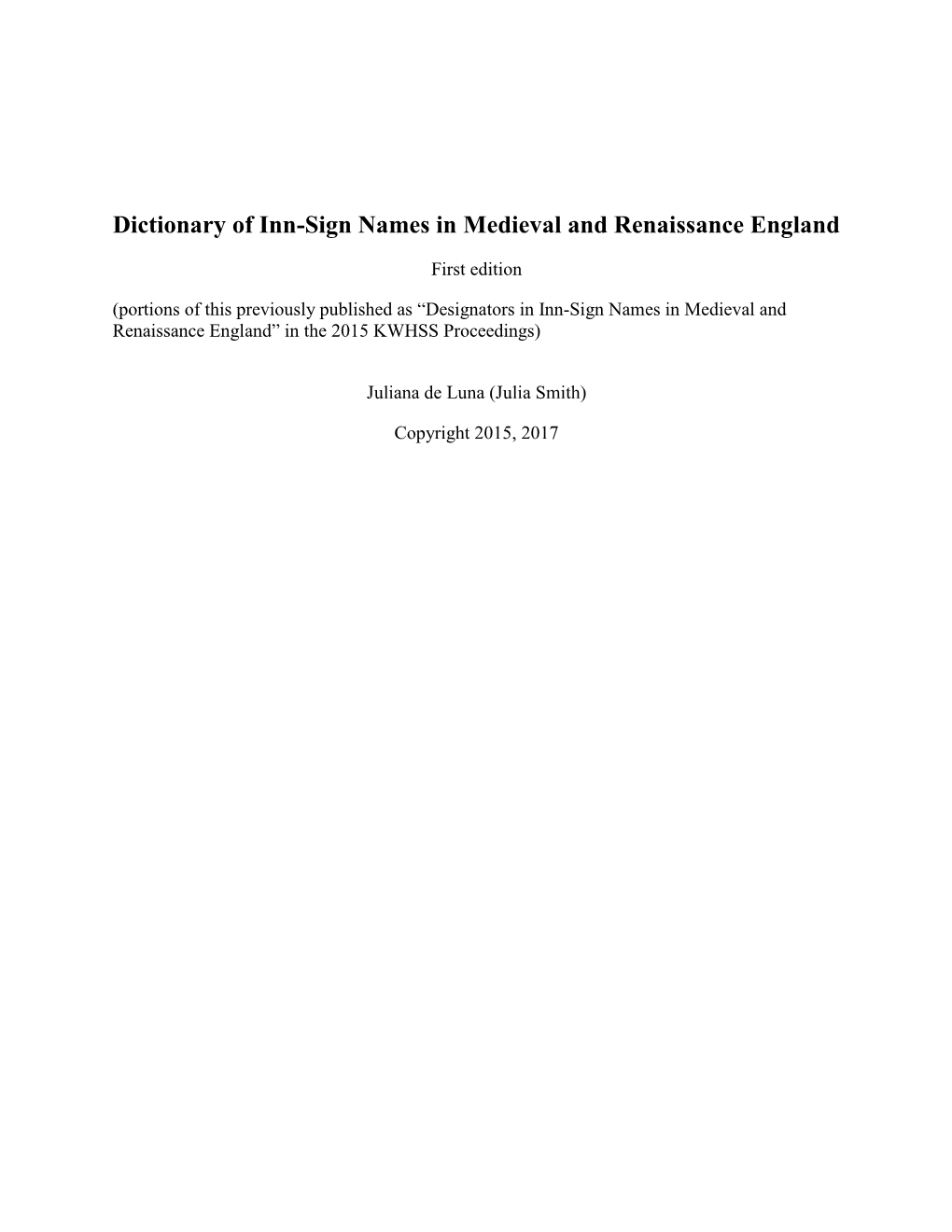 Dictionary of Inn-Sign Names in Medieval and Renaissance England