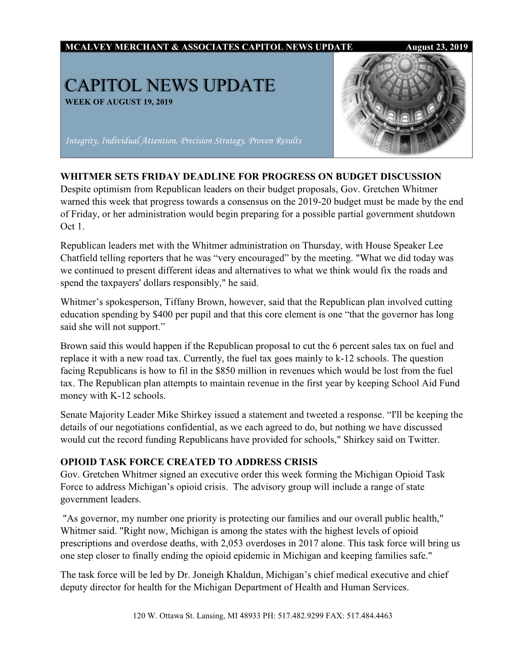 CAPITOL NEWS UPDATE August 23, 2019