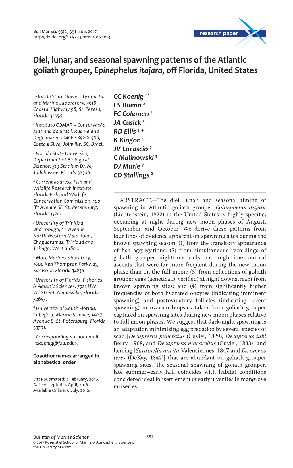 Diel, Lunar, and Seasonal Spawning Patterns of the Atlantic Goliath Grouper, &lt;I&gt;Epinephelus Itajara&lt;/I&gt;, Off Florida