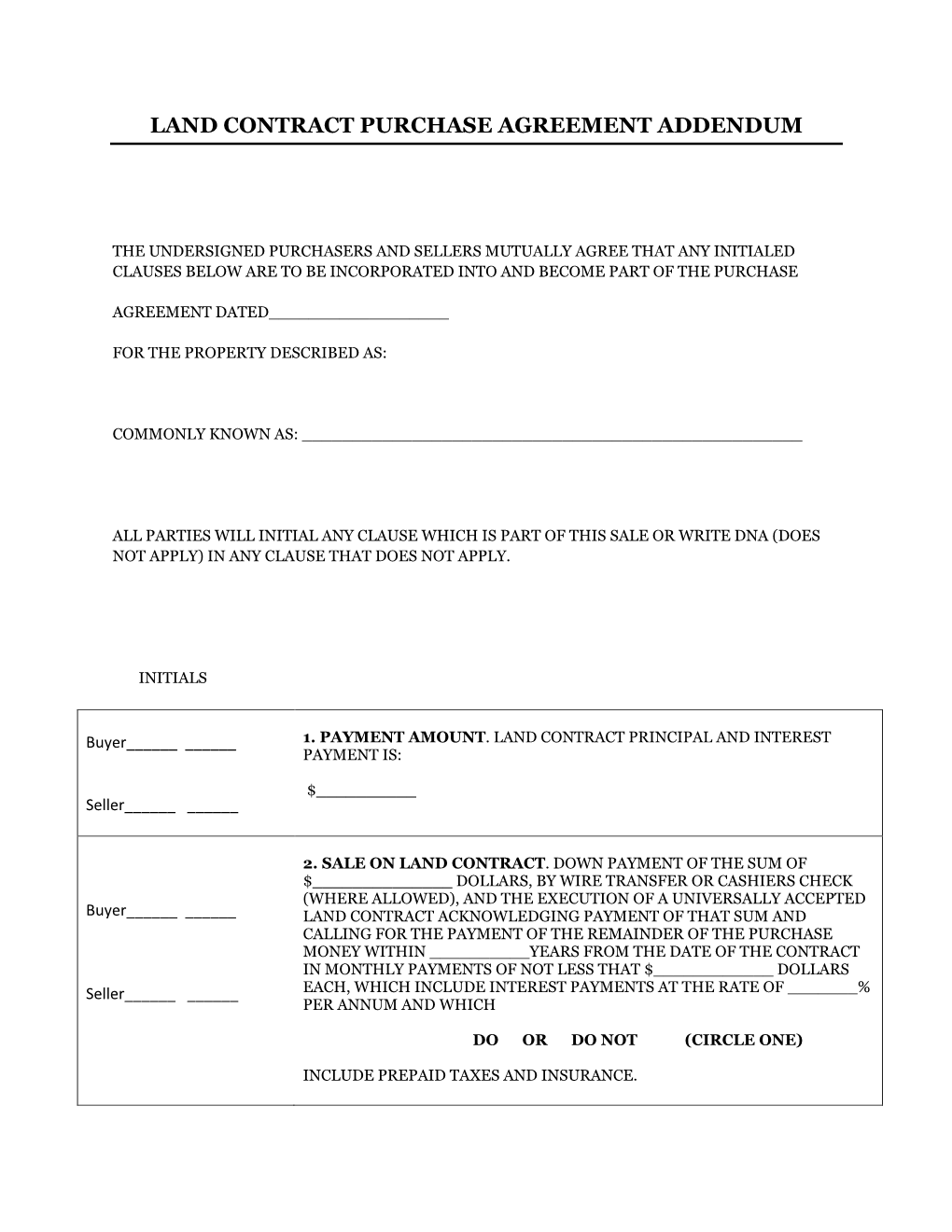 Land Contract Purchase Agreement Addendum