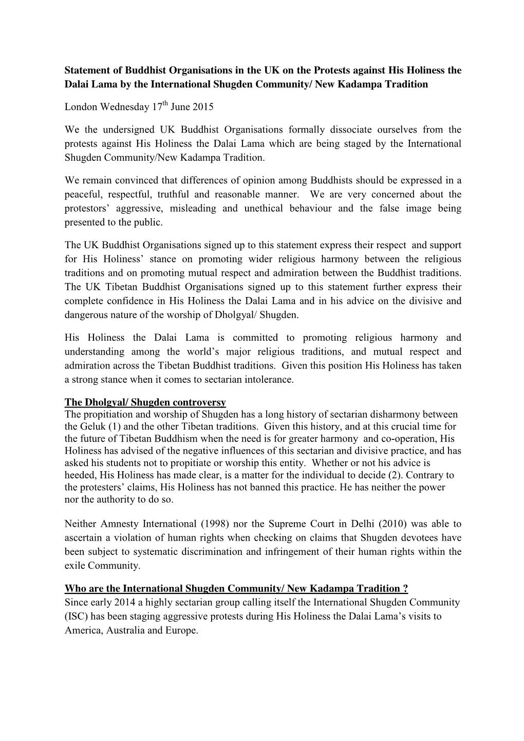 Statement of Buddhist Organisations in the UK on the Protests Against His Holiness the Dalai Lama by the International Shugden Community/ New Kadampa Tradition