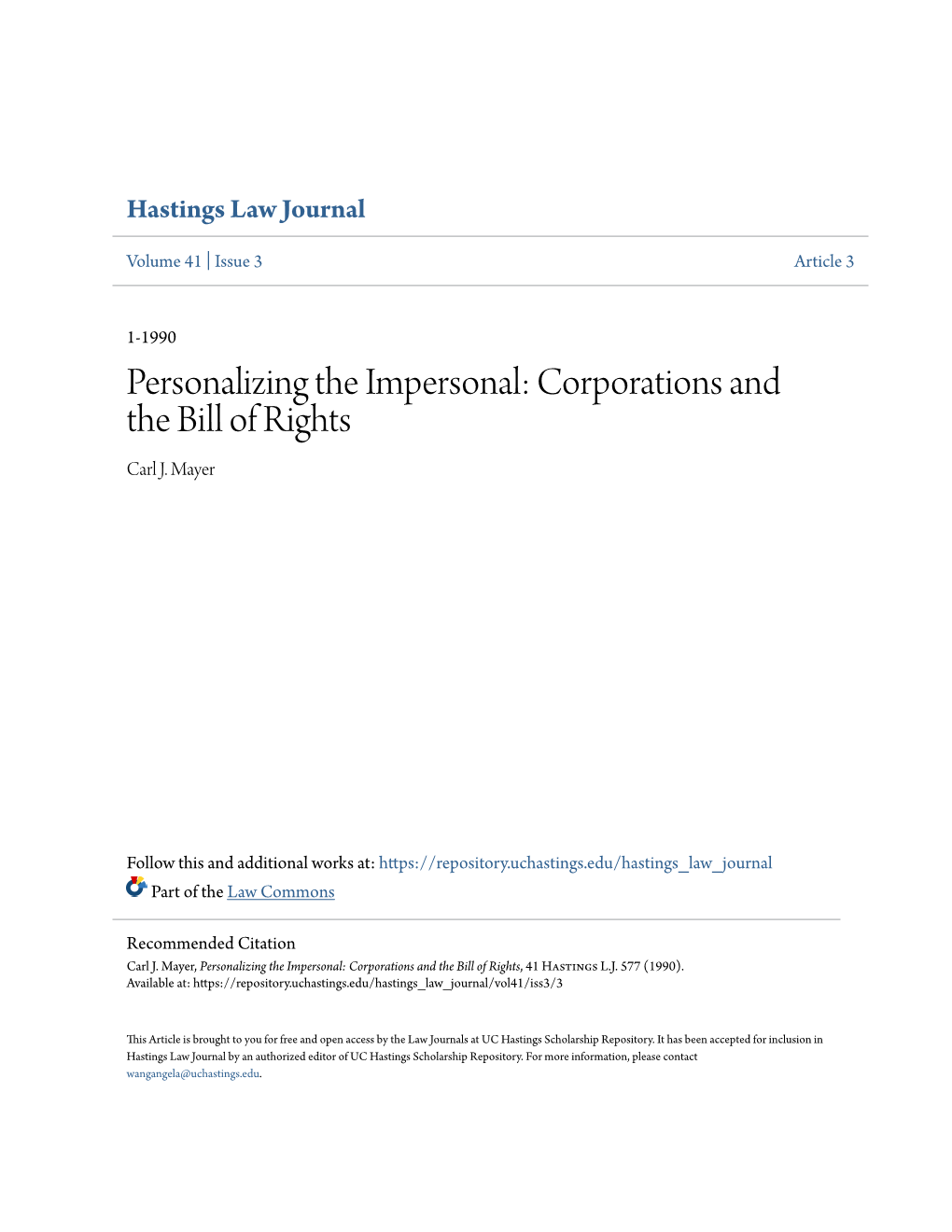 Personalizing the Impersonal: Corporations and the Bill of Rights Carl J