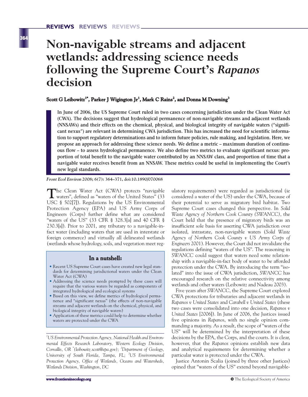 Non-Navigable Streams and Adjacent Wetlands: Addressing Science Needs Following the Supreme Court’S Rapanos Decision