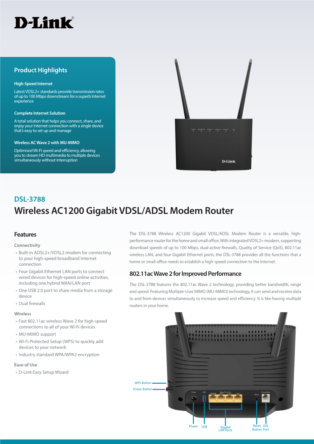 Wireless AC1200 Gigabit VDSL/ADSL Modem Router