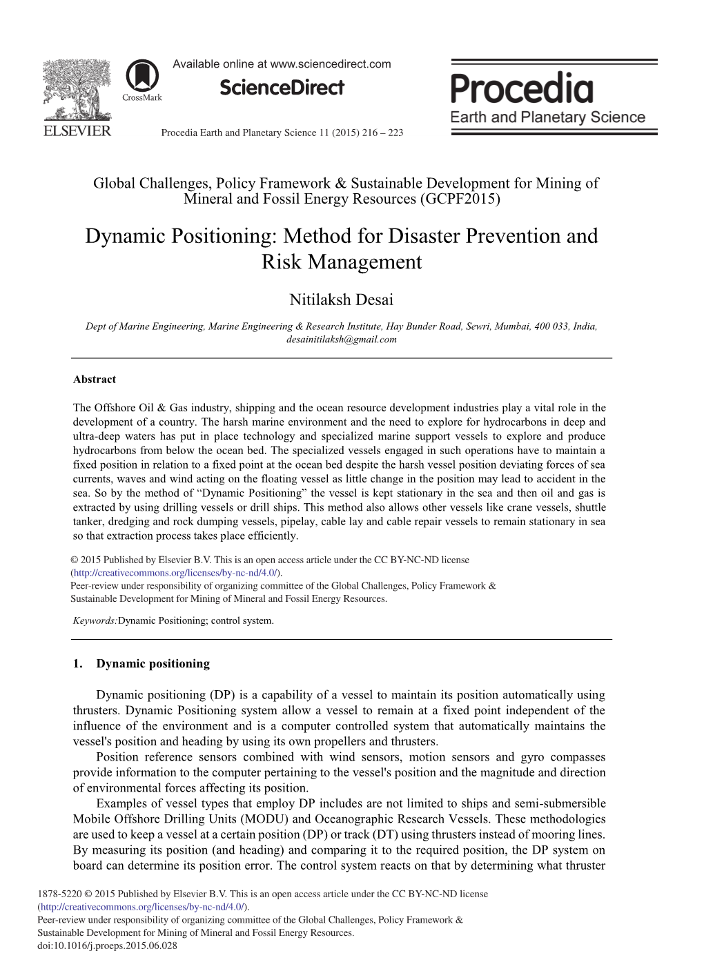 Dynamic Positioning: Method for Disaster Prevention and Risk Management