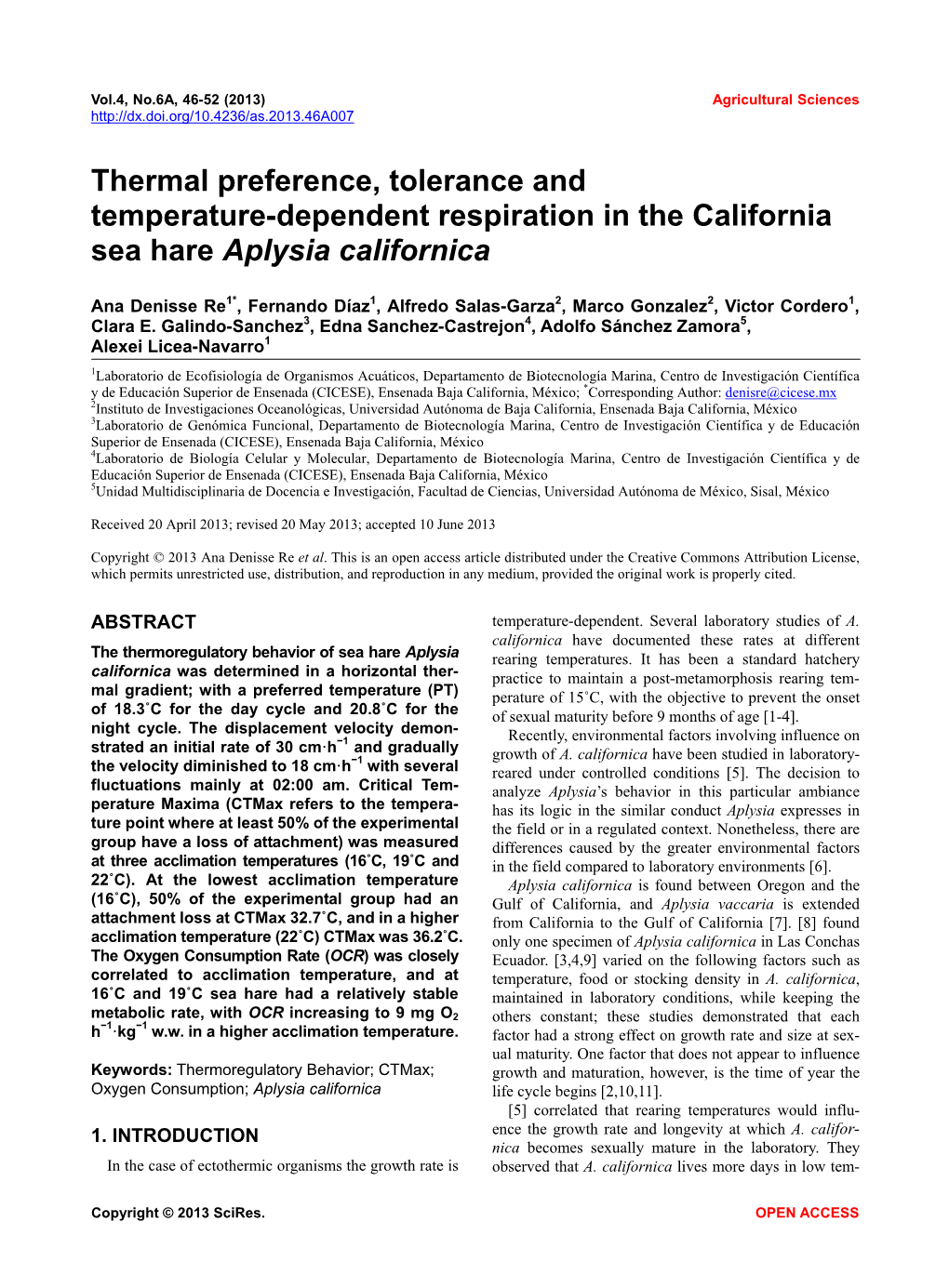 Thermal Preference, Tolerance and Temperature-Dependent Respiration in the California Sea Hare Aplysia Californica