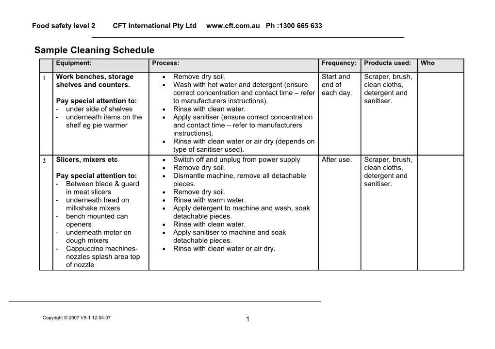 Sample Cleaning Schedule