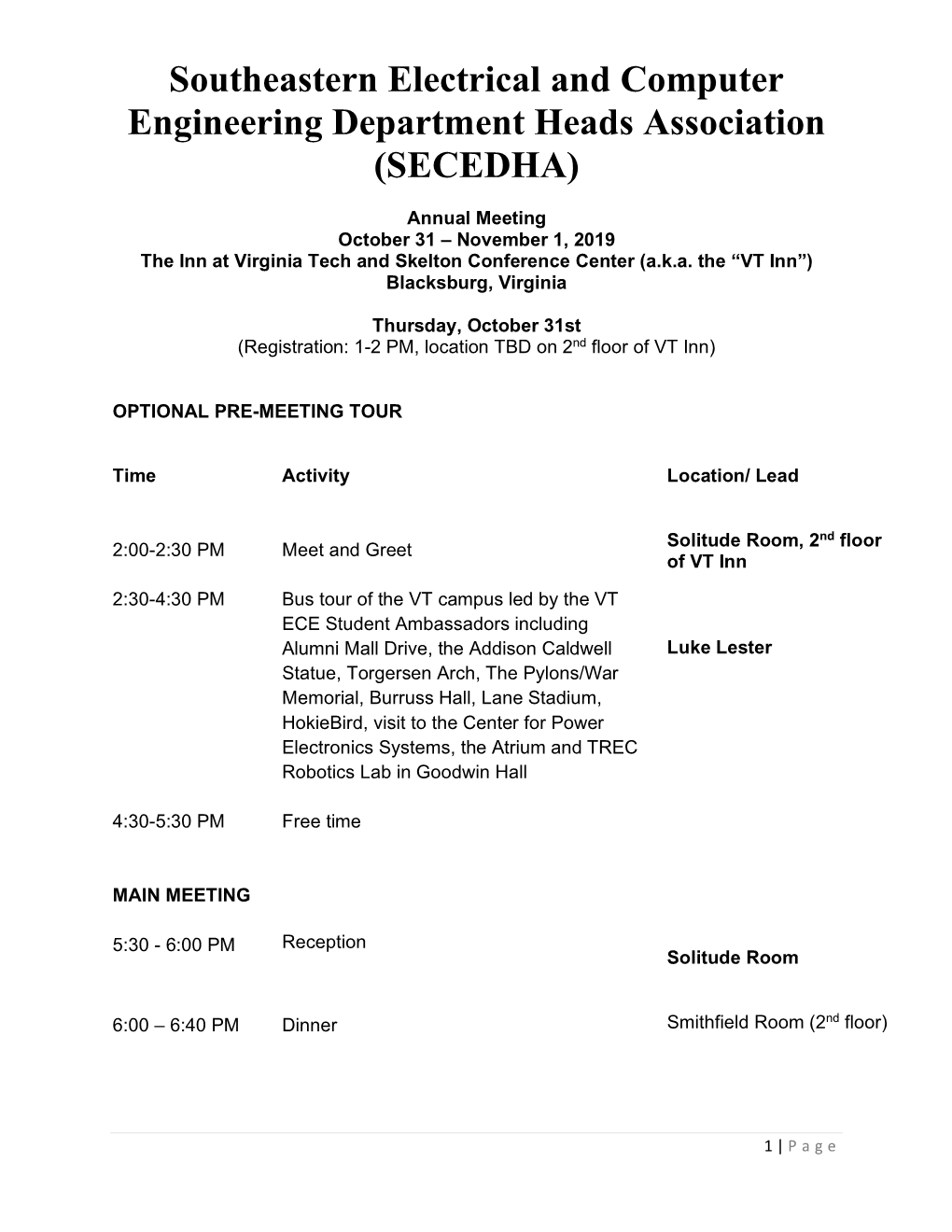 SECEDHA 2019 Annual Meeting Draft Agenda Final