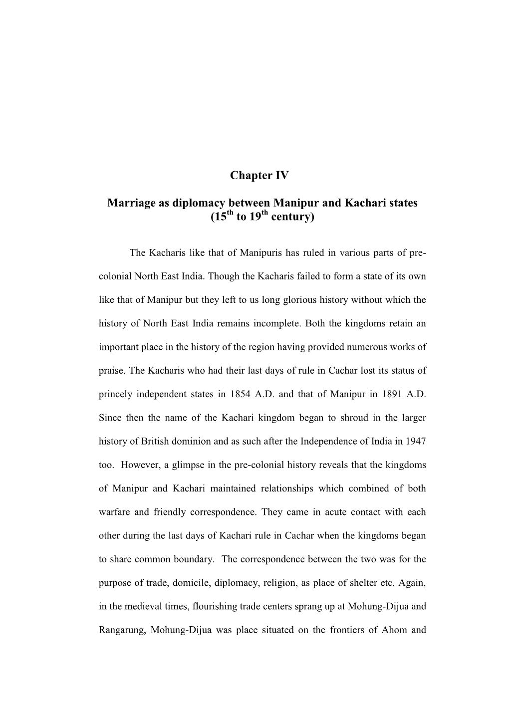 Chapter IV Marriage As Diplomacy Between Manipur and Kachari States