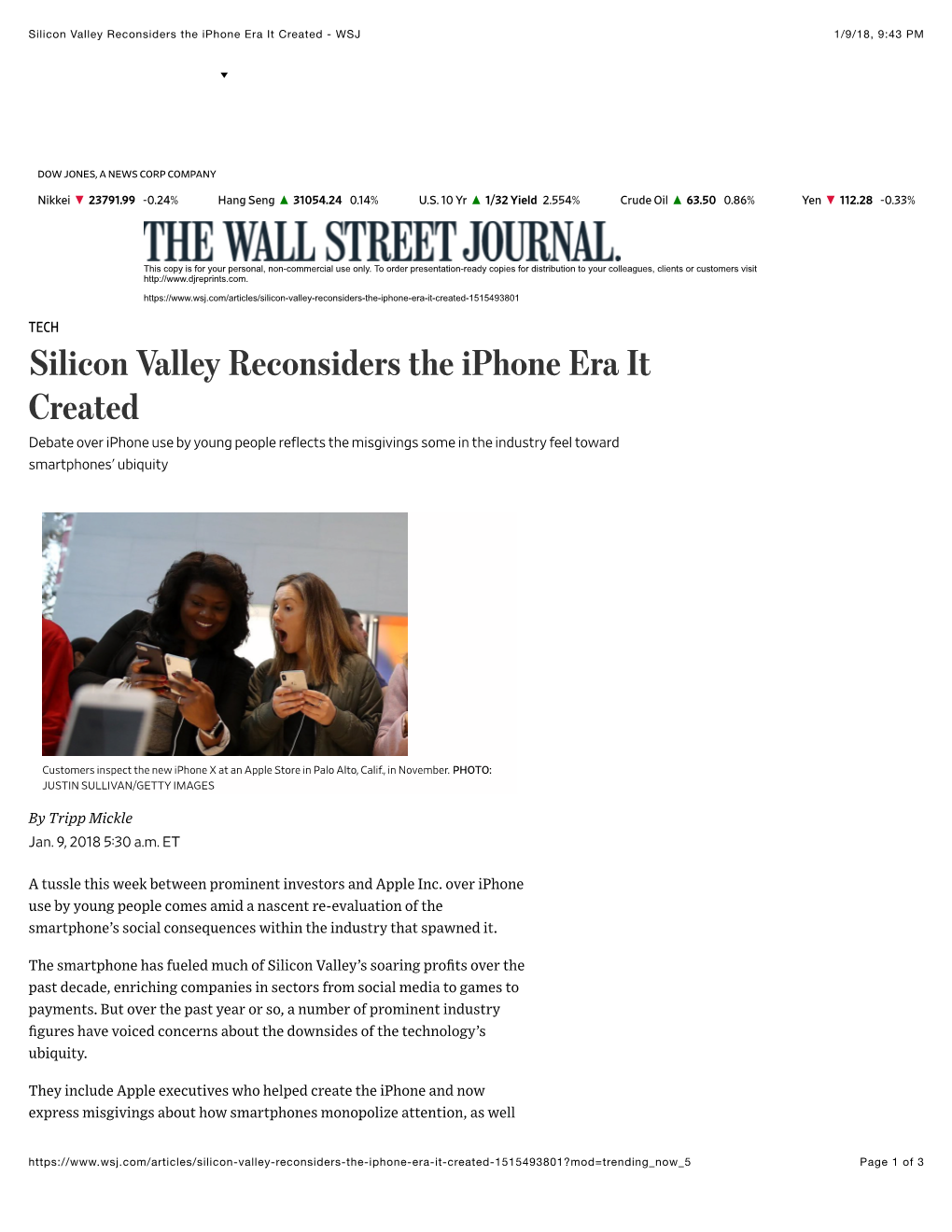 Silicon Valley Reconsiders the Iphone Era It Created - WSJ 1/9/18, 9:43 PM