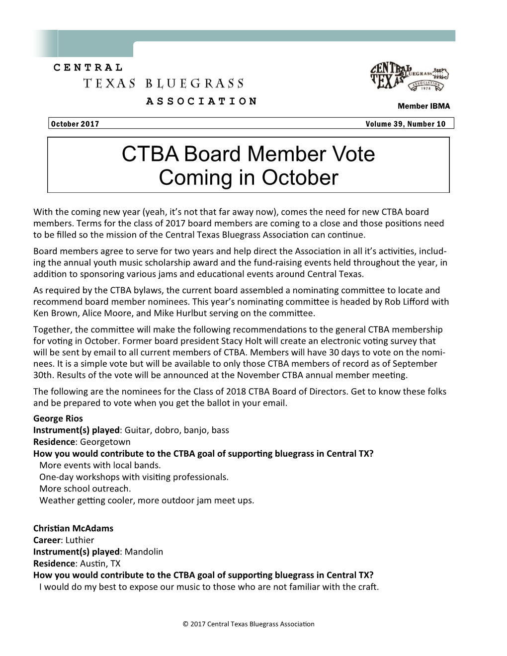 CTBA October 2017 Newsletter