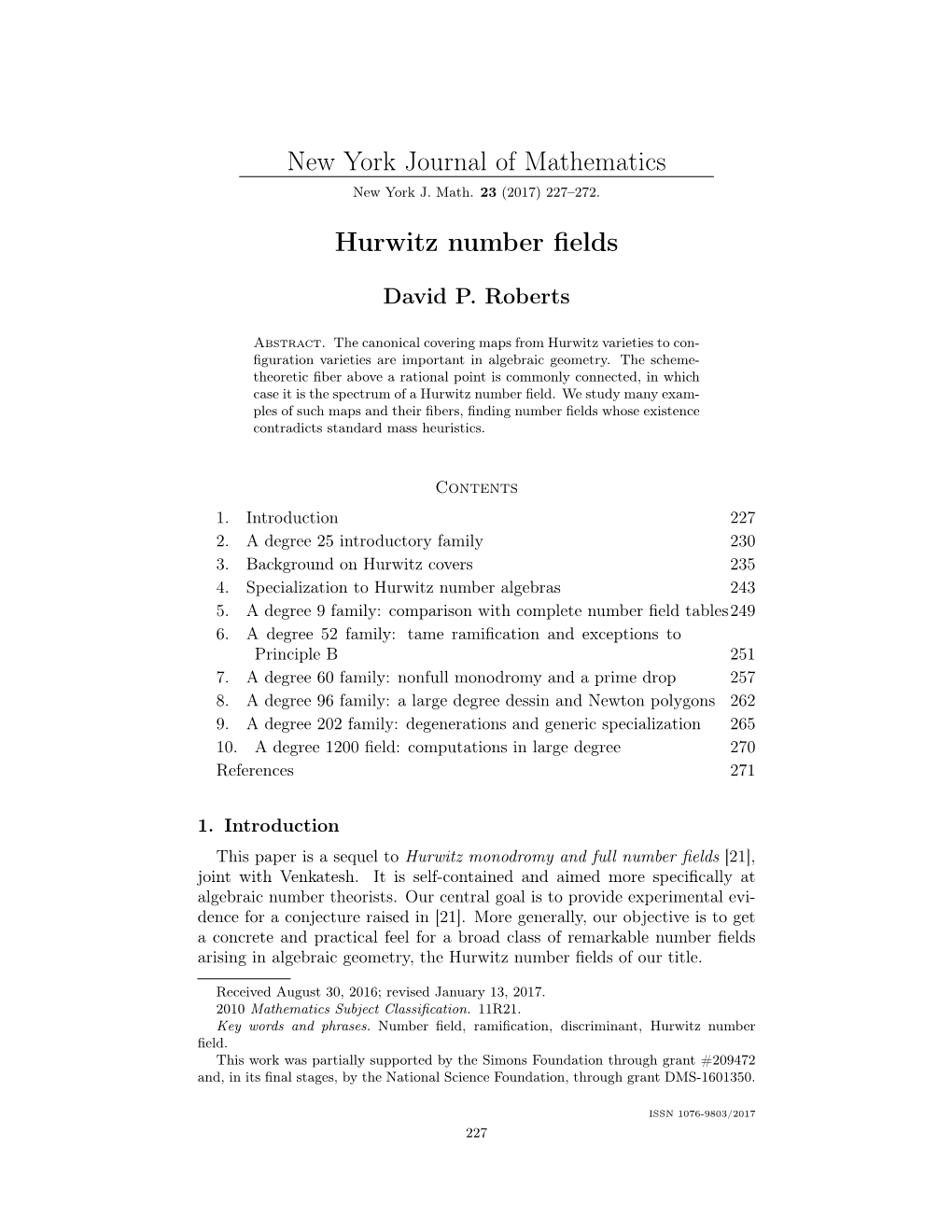 New York Journal of Mathematics Hurwitz Number Fields