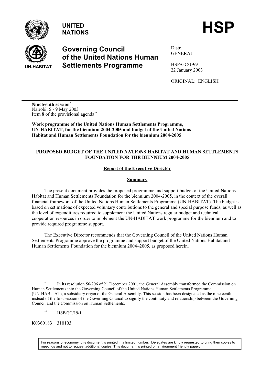 Work Programme of the United Nations Human Settlements Programme