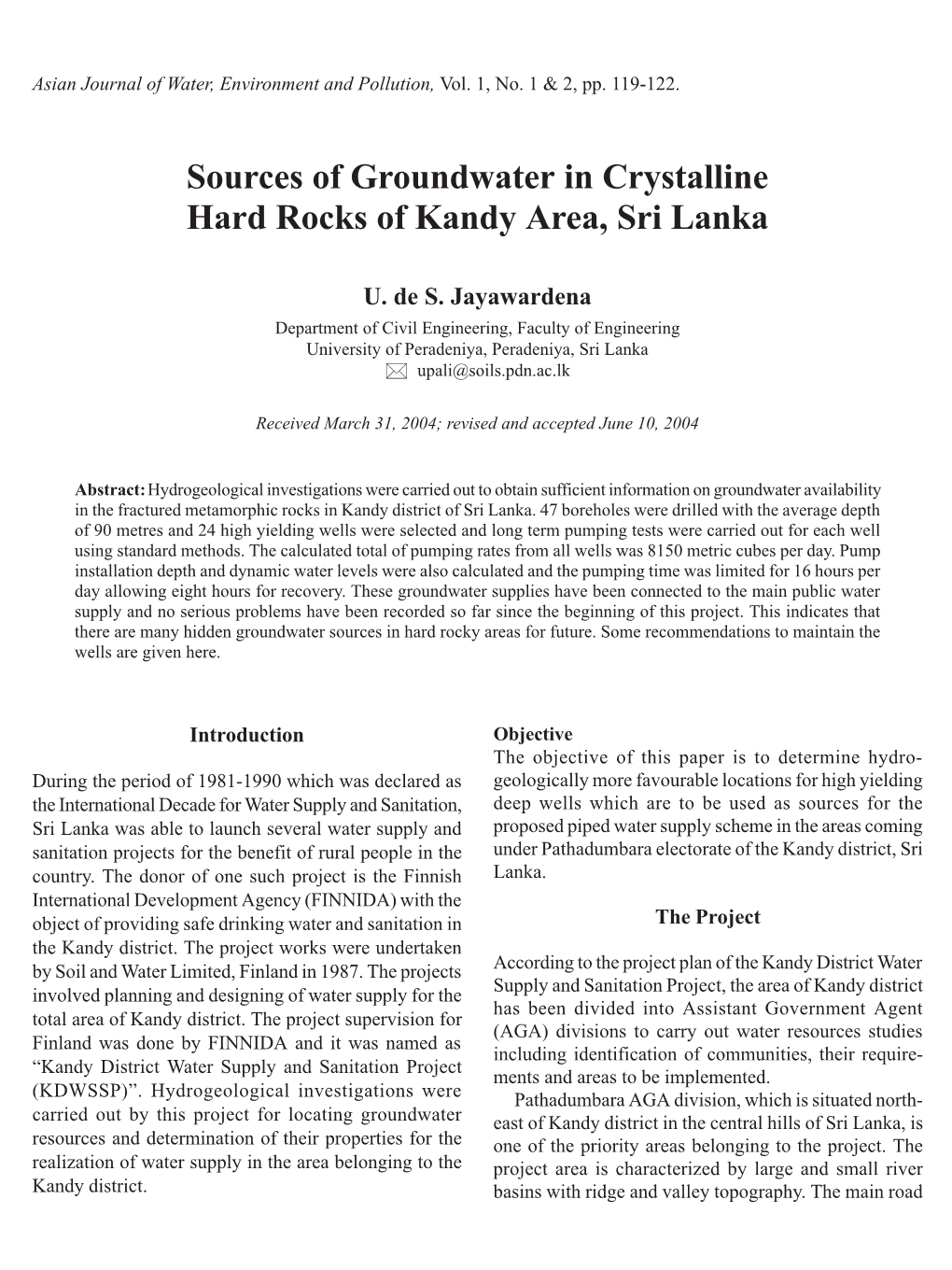 Sources of Groundwater in Crystalline Hard Rocks of Kandy Area, Sri Lanka