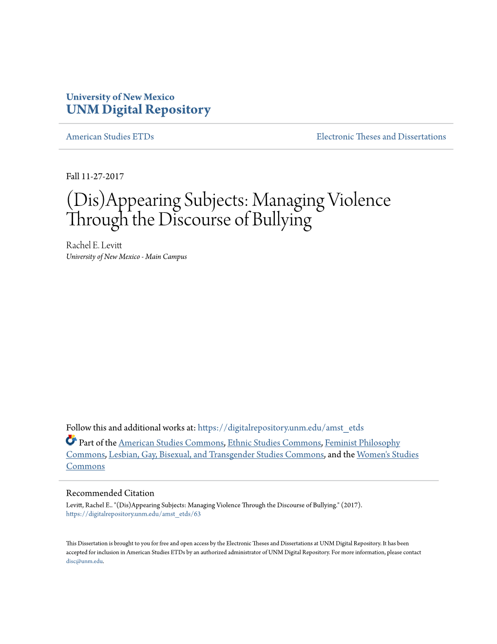 Managing Violence Through the Discourse of Bullying Rachel E