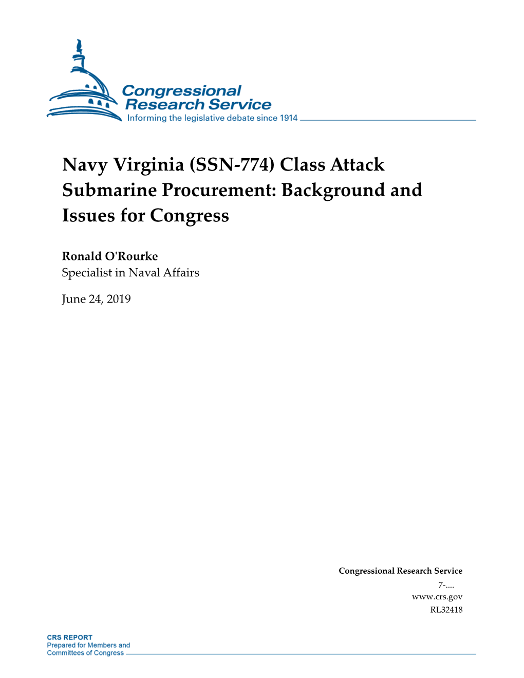 Navy Virginia (SSN-774) Class Attack Submarine Procurement: Background and Issues for Congress