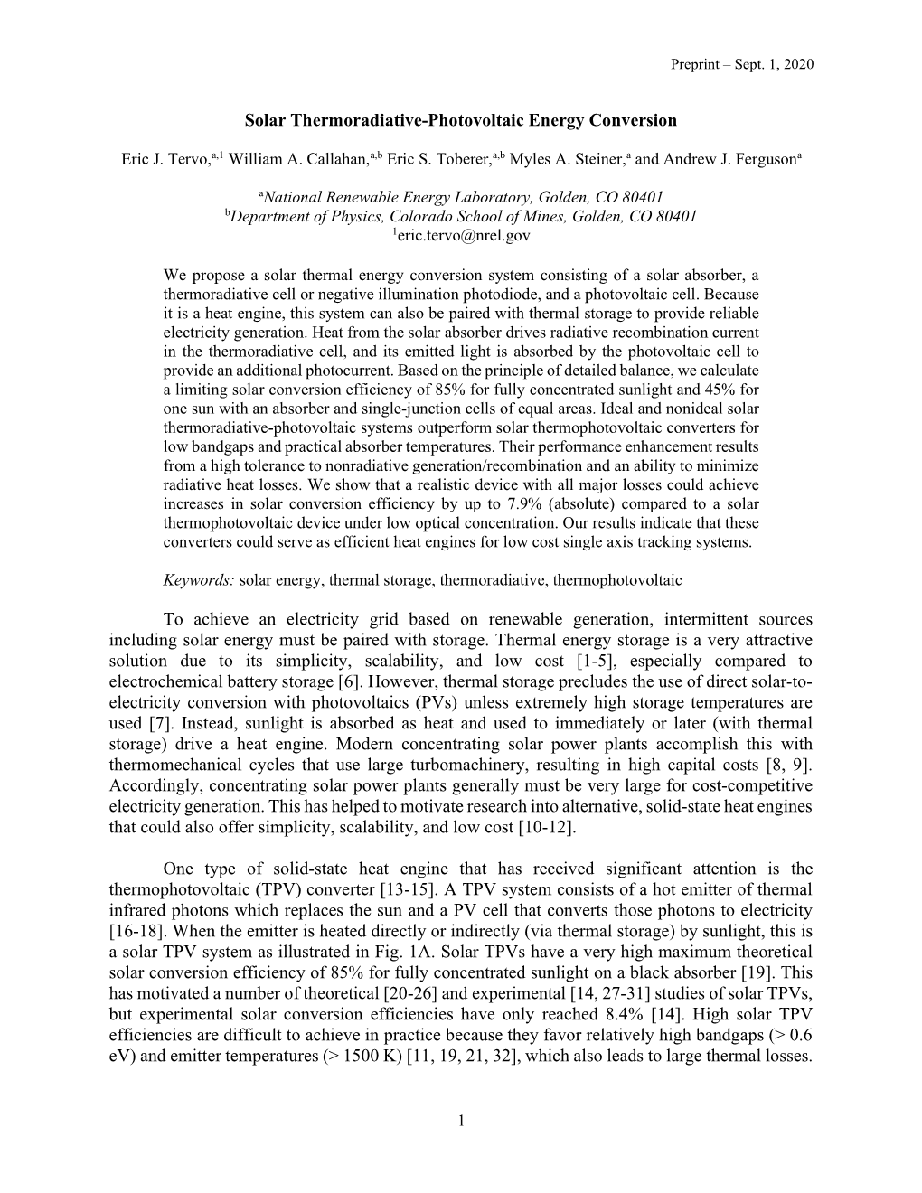 Solar Thermoradiative-Photovoltaic Energy Conversion to Achieve an Electricity Grid Based on Renewable Generation, Intermittent