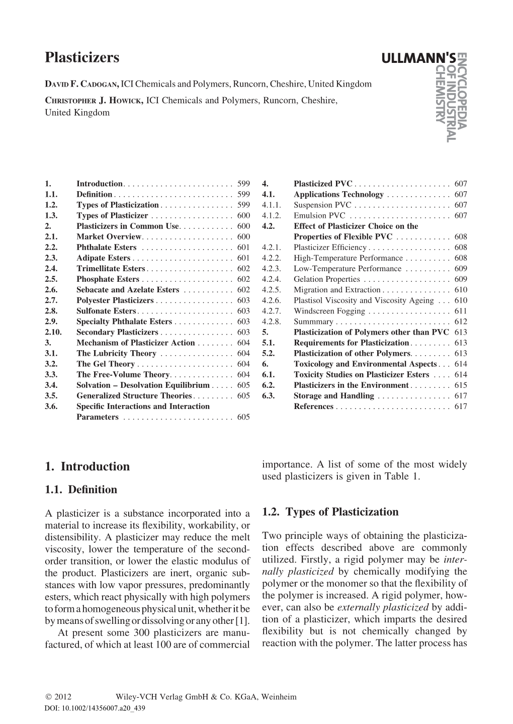 "Plasticizers," In: Ullmann's Encyclopedia of Industrial Chemistry