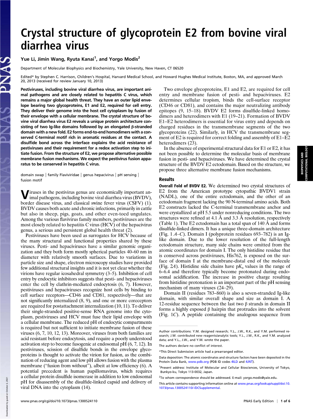 Crystal Structure of Glycoprotein E2 from Bovine Viral Diarrhea Virus