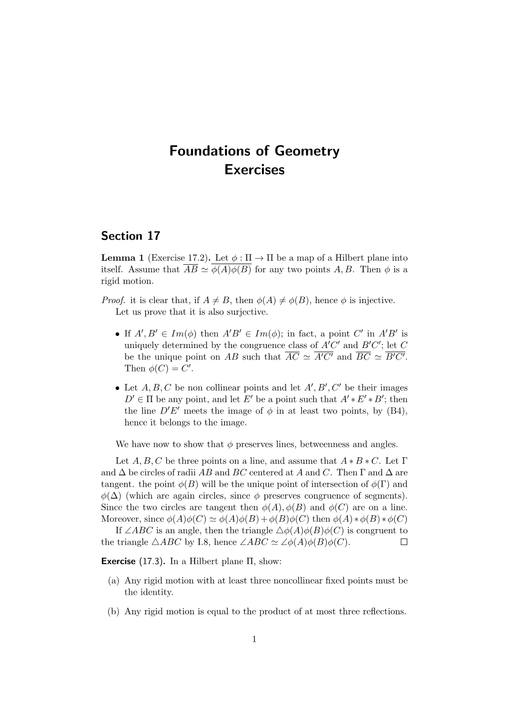 Foundations of Geometry Exercises